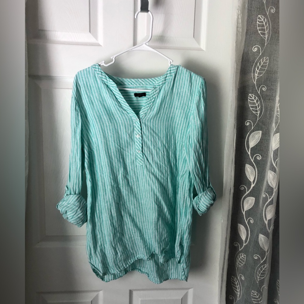 Talbots 100% Linen Band Collar Popover tunic top stripe women size L roll cuffs